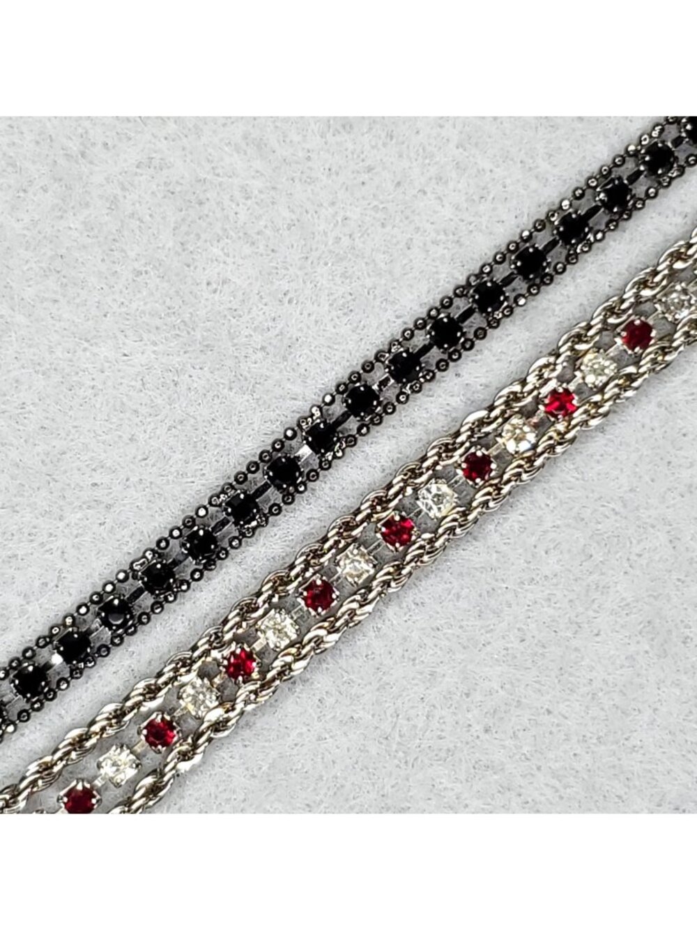 Vintage Rhinestone Tennis Bracelet Silver Tone Black Red Dainty Lot of 2 6.75 7"